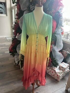 Long Sleeve Ombre Tiered Maxi Dress - Mint to Coral